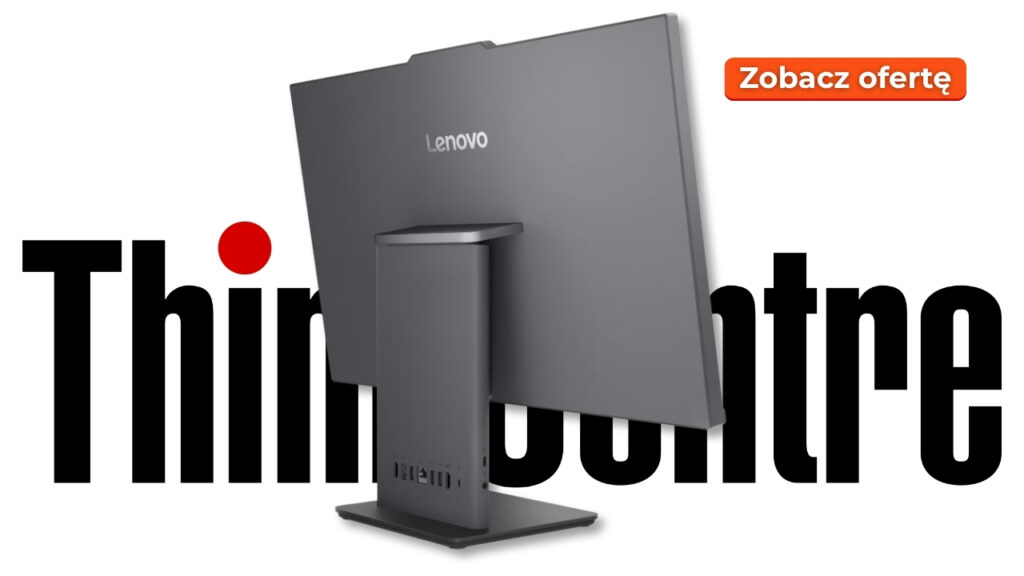 Lenovo ThinkCentre monitor shown from the back with a large ThinkCentre wordmark in the background and an orange 'Zobacz ofertę' button in the top-right.