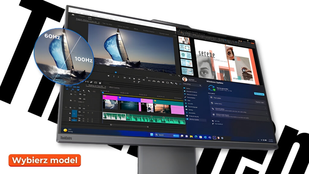 Tilted computer monitor displaying a video editing workspace with timeline, clips, and panels; orange 'Wybierz model' button visible.
