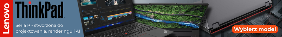 Lenovo ThinkPad banner advertising Series P laptops for design, rendering, and AI, with a red 'Wybierz model' button.