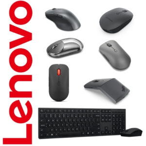 Lenovo_akcesoria_news_1410_main - lab-kuzniewski.pl - Testy laptopów, recenzje i porównania Lenovo logo with various computer peripherals: wireless mice, a trackball, a keyboard, and a docking station.