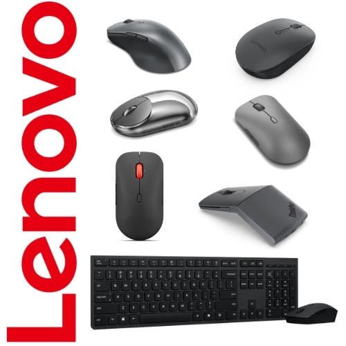 Lenovo logo with various computer peripherals: wireless mice, a trackball, a keyboard, and a docking station.