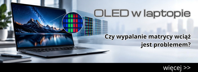 OLED_w_laptopie_poradnik_lab_1910_main_v1 - lab-kuzniewski.pl - Testy laptopów, recenzje i porównania Banner about OLED burn-in on laptops, showing a laptop with a magnified pixel grid and Polish headline text.
