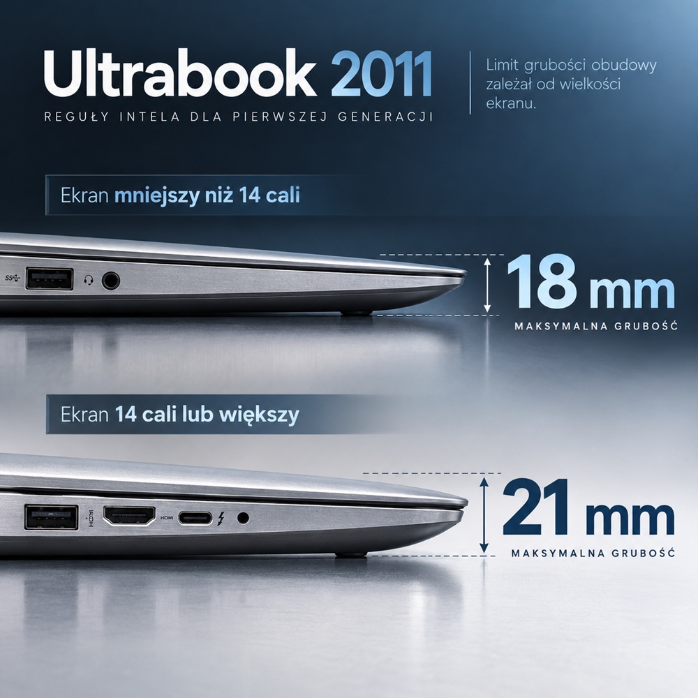 info01_co_to_jest_ultrabook_LAB_3010_ 2011_limity_grubosci - lab-kuzniewski.pl - Testy laptopów, recenzje i porównania Infographic porównujący grubość ultrabooka: 18 mm dla ekranów do 14 cali, 21 mm dla większych, z widocznymi portami.