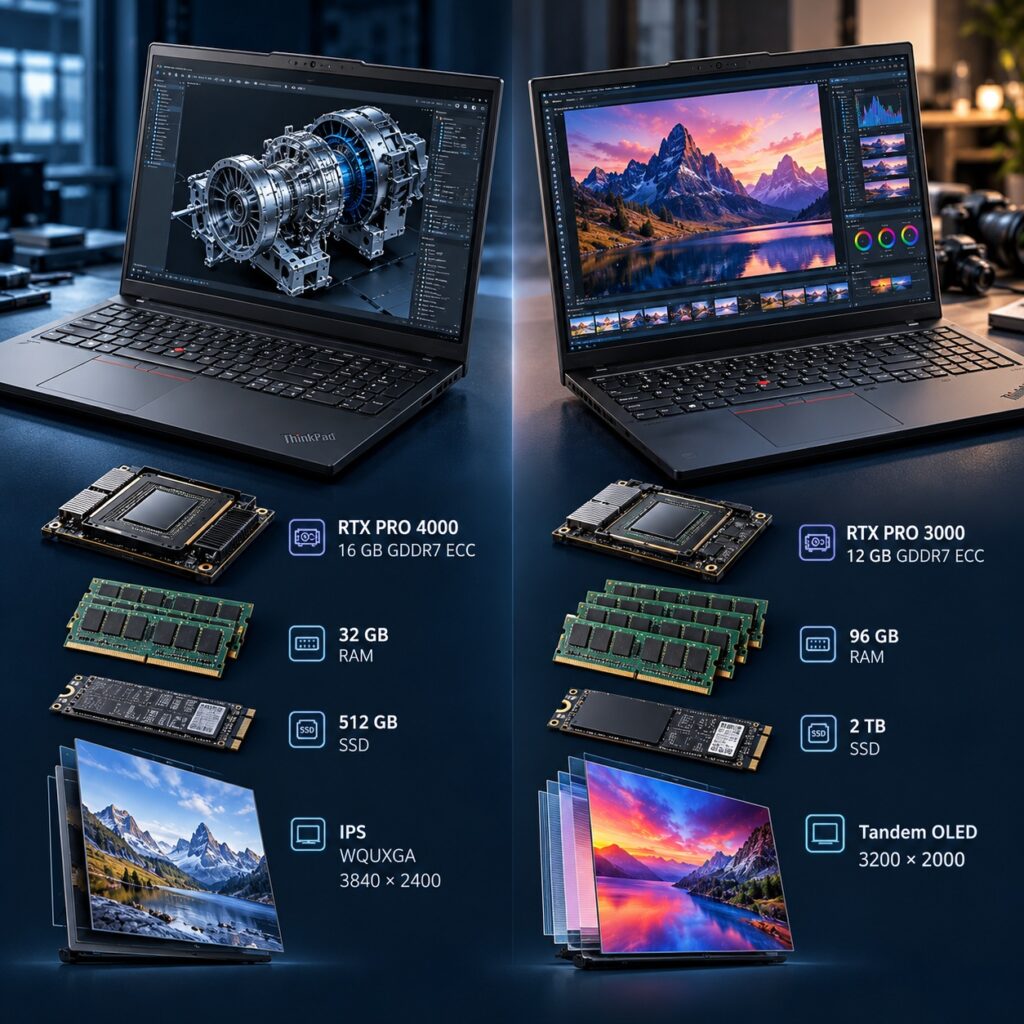 Side-by-side laptop specs: left features RTX Pro 4000, 32 GB RAM, 512 GB SSD, IPS 3840×2400; right features RTX Pro 3000, 96 GB RAM, 2 TB SSD, Tandem OLED 3200×2000.
