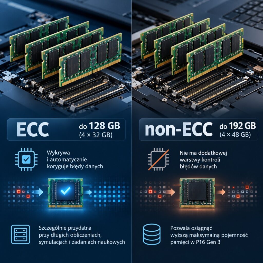 Side-by-side infographic comparing ECC vs non-ECC memory: ECC up to 128 GB (4×32 GB) with error-correcting features; non-ECC up to 192 GB (4×48 GB) with no extra error checks, highlighting use cases and benefits.