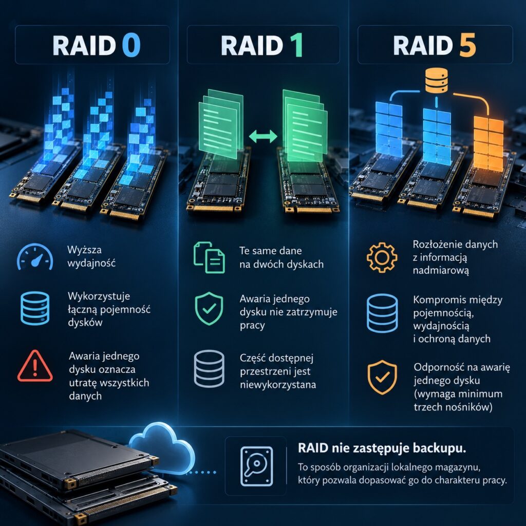 Three-panel RAID infographic showing RAID 0, RAID 1 and RAID 5 with drive arrays, data icons, and Polish captions describing efficiency and redundancy.