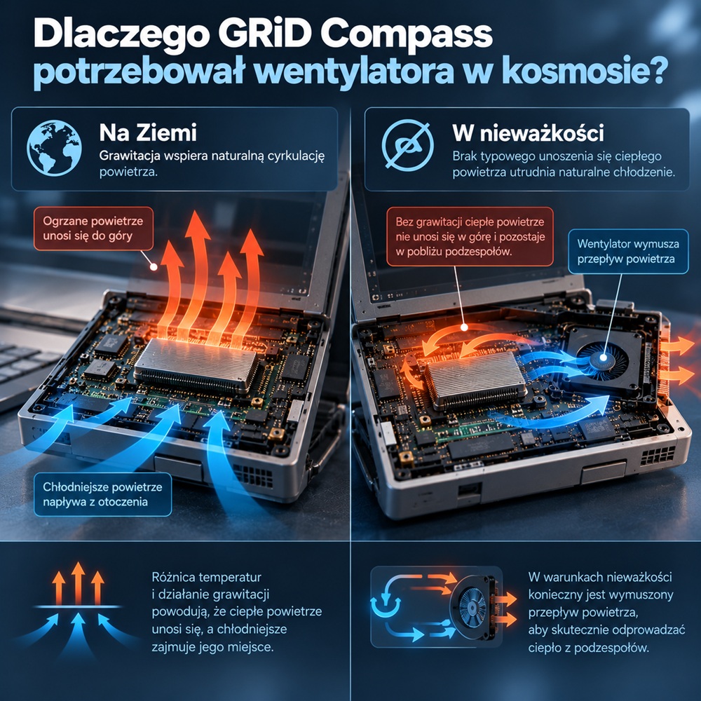 info06_co_to_jest_ultrabook_LAB_3010_GRiD_in_space - lab-kuzniewski.pl - Testy laptopów, recenzje i porównania Infografika wyjaśniająca, dlaczego w kosmosie potrzebny jest wentylator: porównanie Ziemi i stanu nieważkości z objaśnieniem przepływu powietrza.