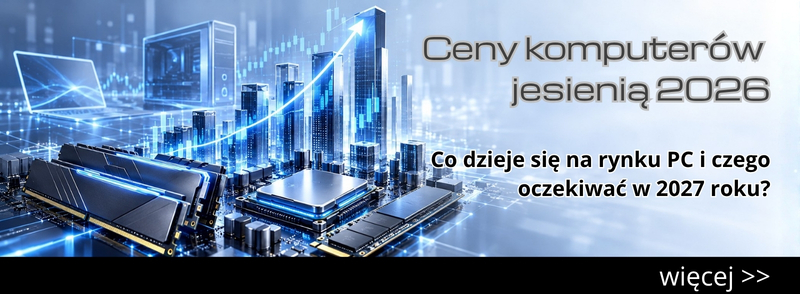 komputery_ceny_jesien2026_main_1510_v1 - lab-kuzniewski.pl - Testy laptopów, recenzje i porównania Banner about PC prices: futuristic tech city and computer hardware with Polish headlines 'Ceny komputerów jesienią 2026' and 'Co dzieje się na rynku PC i czego oczekiwać w 2027 roku?', plus a 'więcej' link.