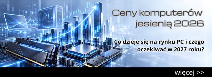 Banner advertising fall 2026 PC prices, showing blue computer hardware and circuit imagery with Polish headline.