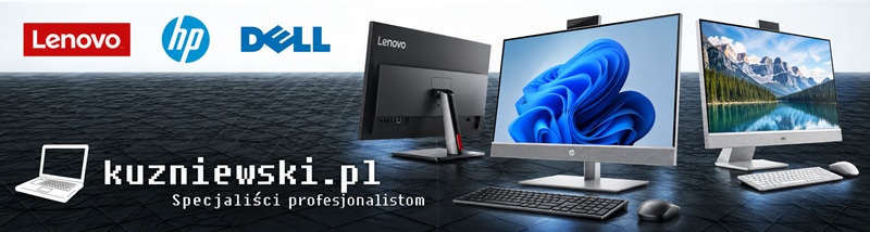 kuzniewski_banner_AiO_2026_v1 - lab-kuzniewski.pl - Testy laptopów, recenzje i porównania Kuzniewski.pl banner with Lenovo, HP and Dell logos and three desktop computers on a dark textured background, indicating professional computer specialists.